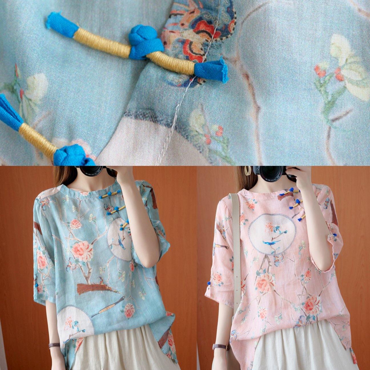 French blue print clothes o neck half sleeve baggy blouse