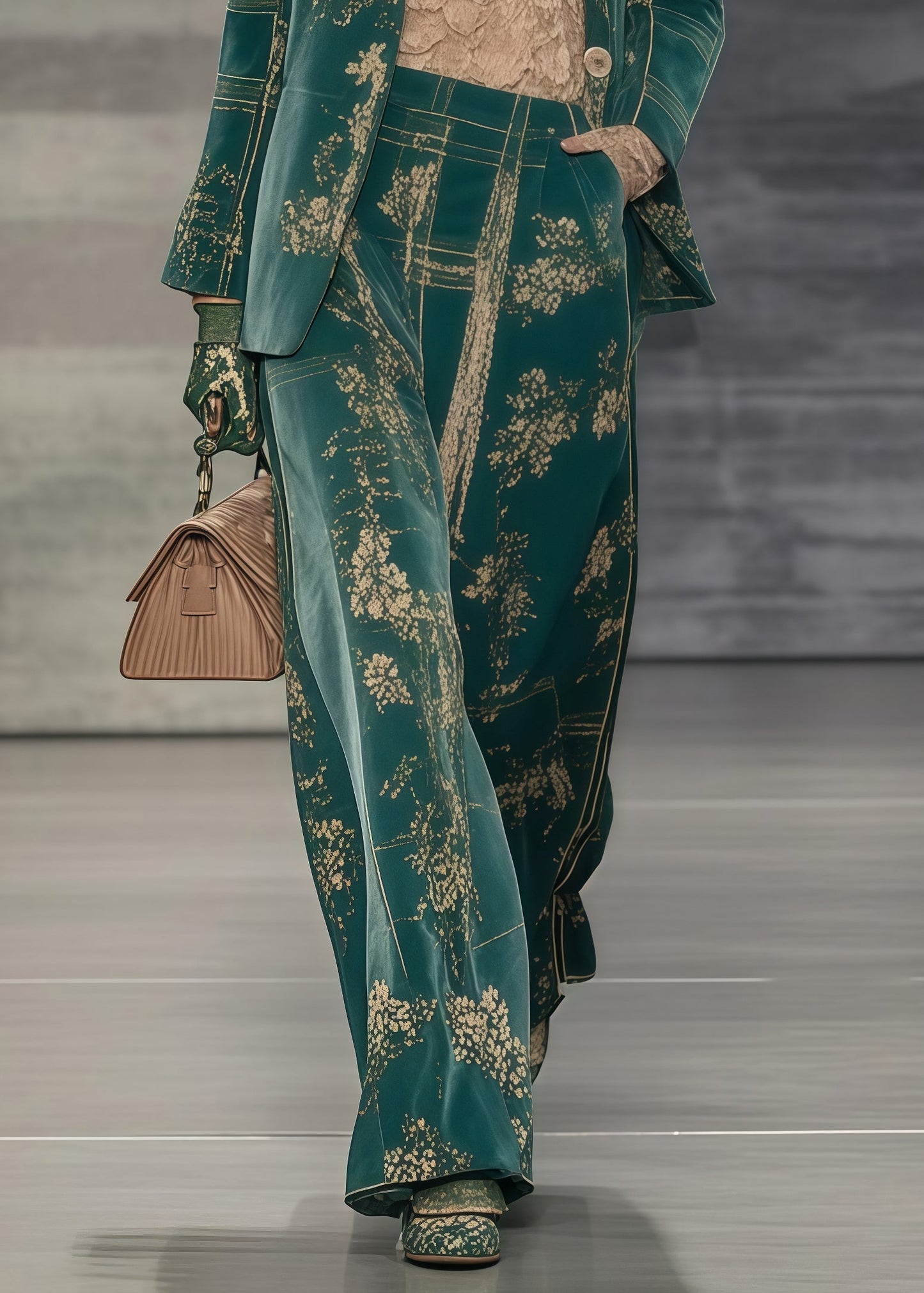 Plus Size Green Oversized Print Spandex Coats And Straight Pants Two Piece Set Spring