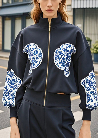 Women Black Zip Up Patchwork Print Cotton Coat Fall