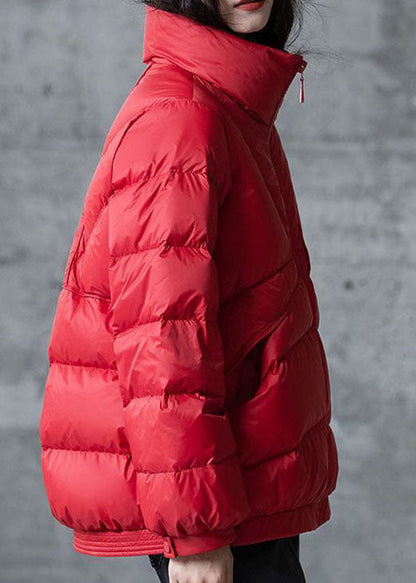 Red Loose cotton blend Puffers Jackets Stand Collar Zip Up Winter