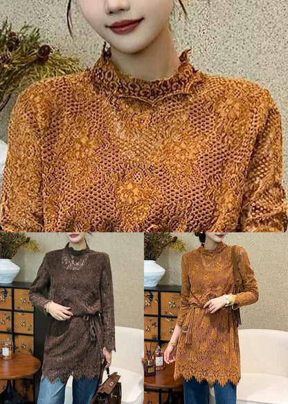 Orange Solid Tie Waist Lace Mini Dresses Hollow Out