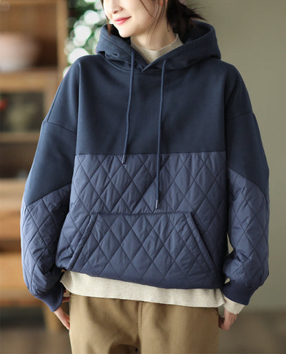 Loose Warm Patchwork Hooded Padded Sweatshirt