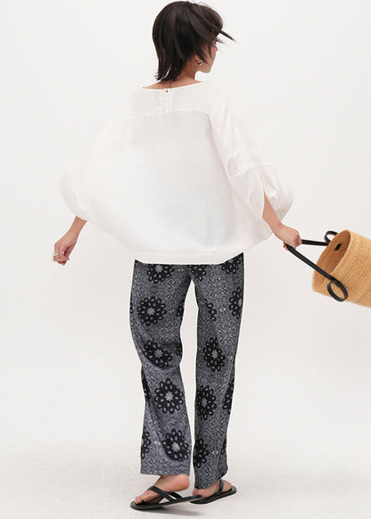 Casual Grey Elastic Waist Print Cotton Straight Pants Summer