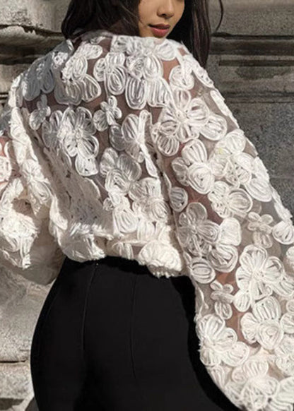 Chic White Notched Floral Lace Top Lantern Sleeve