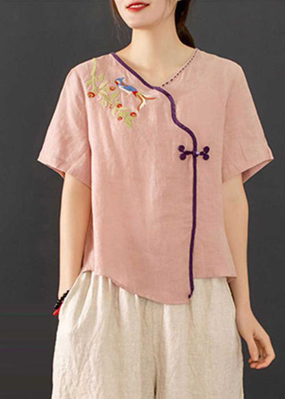 New Retro Pink Embroidered Chinese Button 2 Piece Outfit Summer