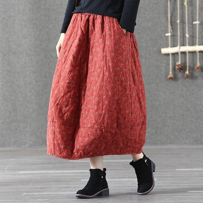 Winter Retro Linen Printed Quilted Skirt