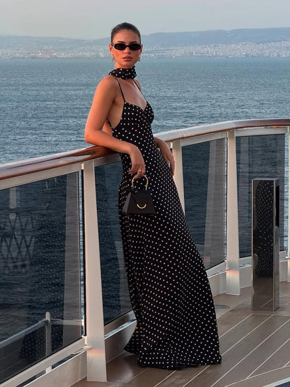Polka Dot Slip Dress with Open Back & Neck Scarf
