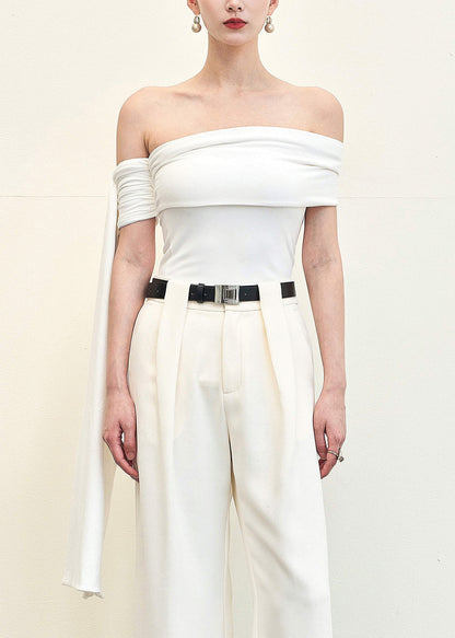 Slim Fit White Slash Neck Solid Cotton Tops Sleeveless