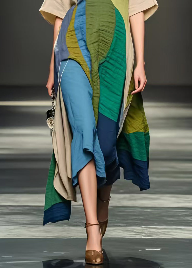 Plus Size Colorblock Asymmetrical Design Wrinkled Cotton Dresses Summer