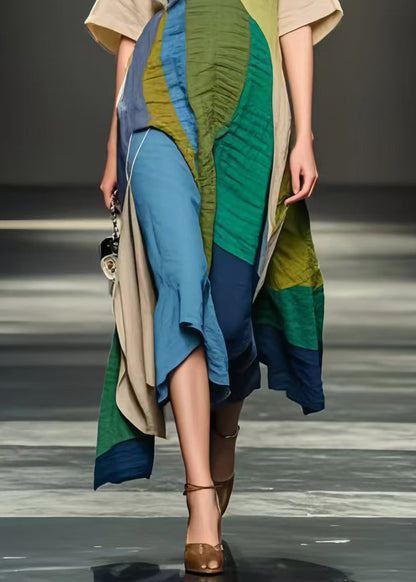 Plus Size Colorblock Asymmetrical Design Wrinkled Cotton Dresses Summer