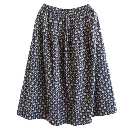 Cozy Loose Retro Print Cotton Linen A-Line Skirt