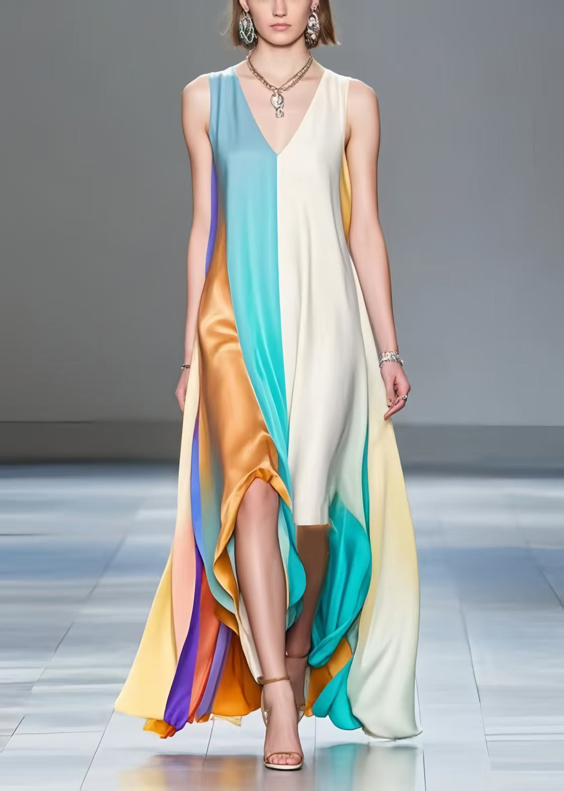 Beautiful Asymmetrical Patchwork Silk A Line Dresses Sleeveless