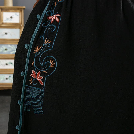 Autumn Retro Embroidery Linen A-Line Skirt