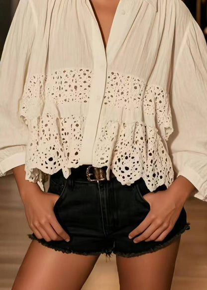 Art White Oversized Patchwork Cotton Blouse Top Spring
