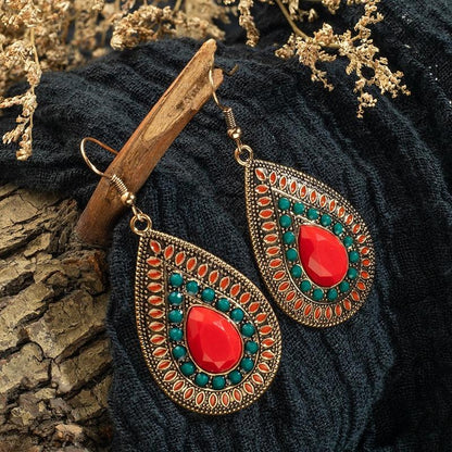 Bohemian Drop-Shaped Earrings With Rubies