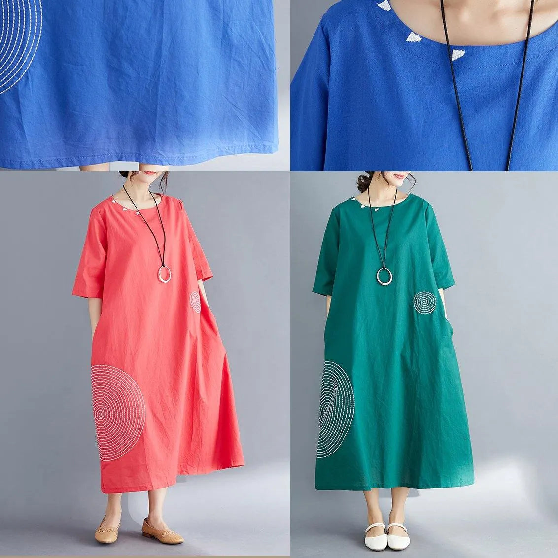 Modern o neck embroidery cotton tunic top Vintage Work Outfits red Maxi Dresses Summer