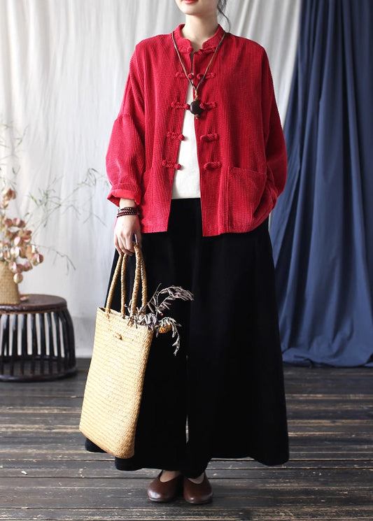 Vintage Red Chinese Button Pockets Corduroy Jackets Spring