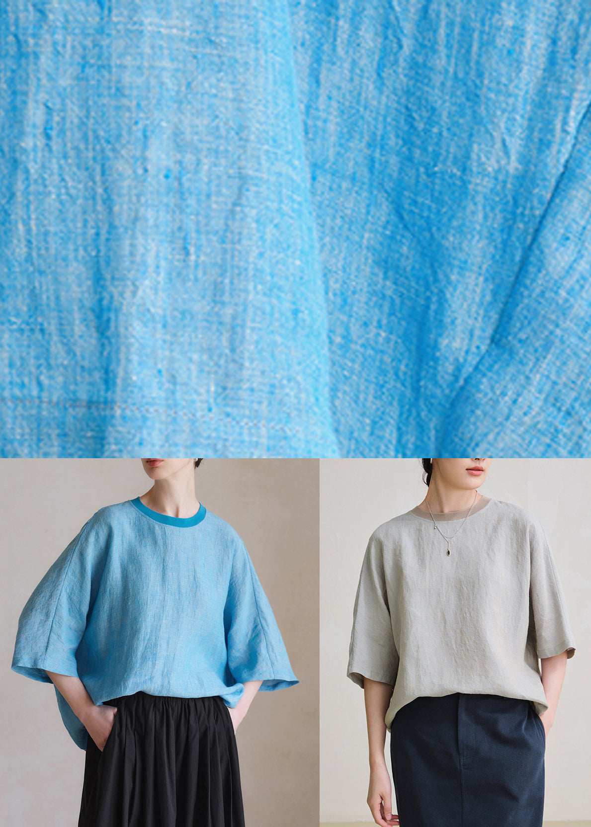 Plus Size Blue O Neck Solid Linen Shirt Half Sleeve