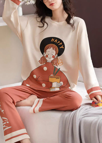 Women Beige Print T Ahirt And Orange Pants Cotton Pajamas Two Pieces Set Fall