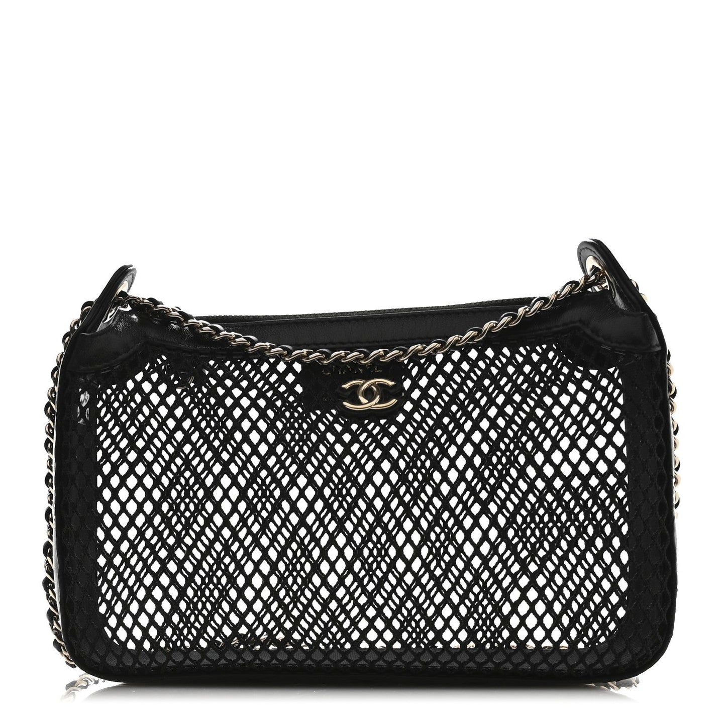 Mesh Shiny Lambskin Clutch With Chain Black