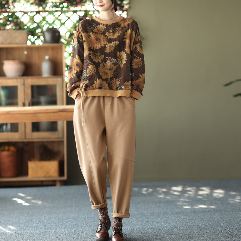 Large Size Slim Round Neck Printed Retro Casual Loose Sweater