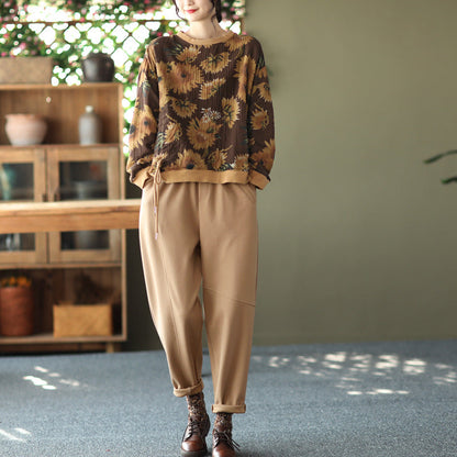 Large Size Slim Round Neck Printed Retro Casual Loose Sweater