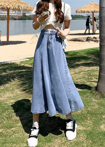 Classy Denim Light Blue High Waist Patchwork Button Cotton A Line Skirts Cozy
