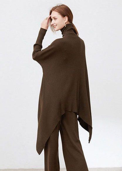French Coffee Turtle Neck Patchwork Striped Wool Knitted Tops Long Sleeve