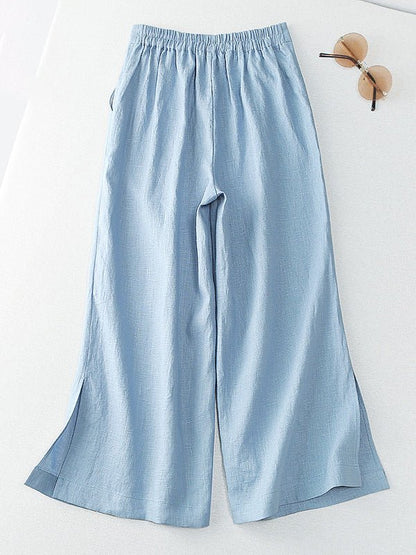 100% Linen Wide-Leg Casual Cropped Pants With Pockets