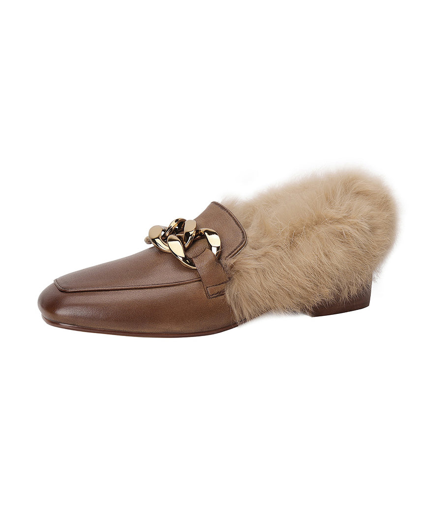 Brown Penny Loafers Cowhide Leather Elegant Splicing Fuzzy Wool Lined