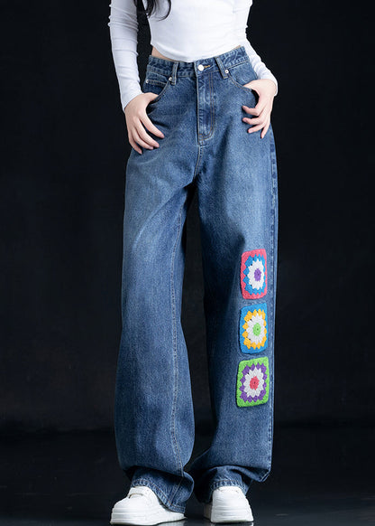 Casual Blue Embroidered Pockets Denim Straight Pants Fall