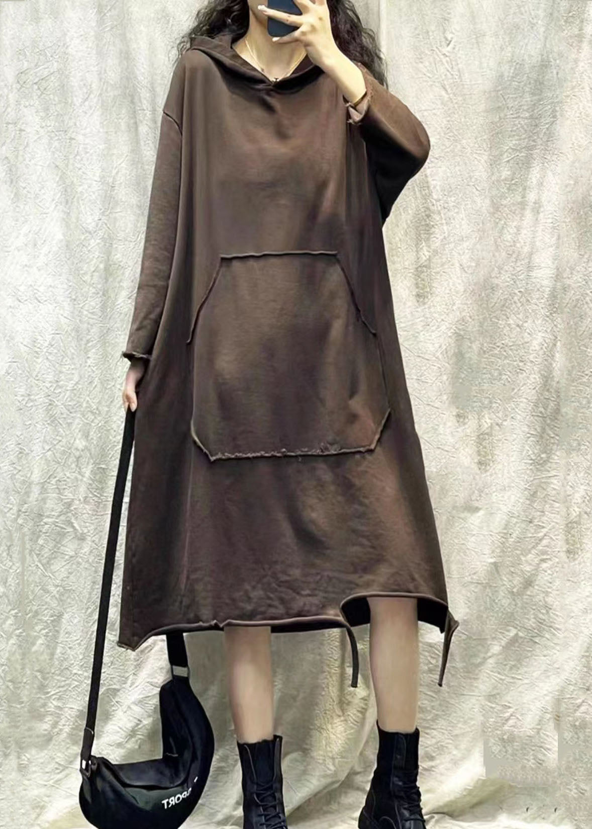 Fashion Coffee Hooded Ripped Patchwork Cotton Sweatshirts Dress Fall