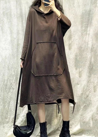 Fashion Coffee Hooded Ripped Patchwork Cotton Sweatshirts Dress Fall