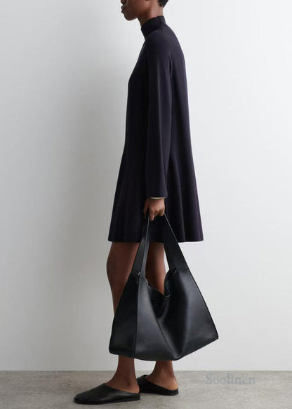 Plus Size Black Stand Collar Knit Day A Line Dress Fall