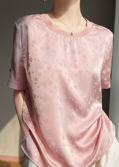 Jacquard Pink O Neck Side Open Silk T Shirt Summer