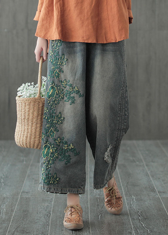 Vintage Blue Embroideried Cotton Ripped Jeans Pants Fall