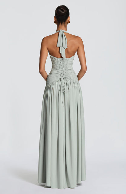 Sage Halter Ruched Waist Maxi Dress