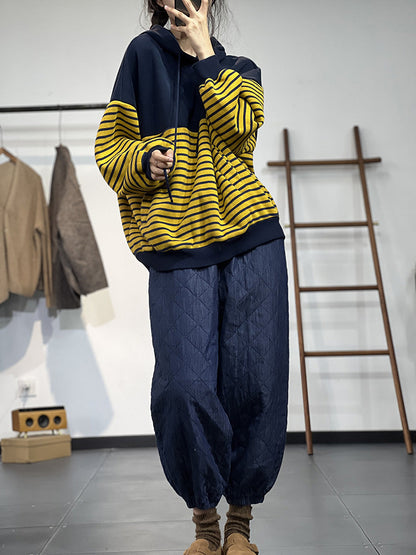 Contrast Stripe Fleece Drawstring Hooded Sweatshirt