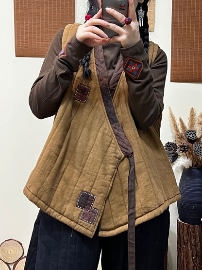 Women Winter Ethnic Style Patch Loose Belt V-Neck Vest