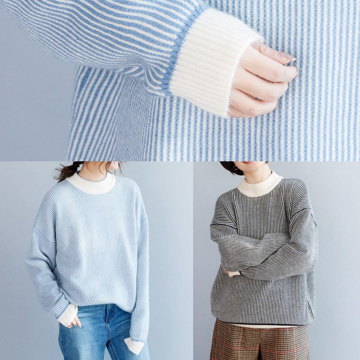 Pullover winter blue white striped knit sweat tops casual high neck crane tops