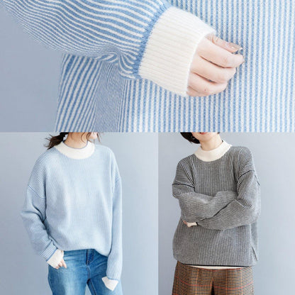 Pullover winter blue white striped knit sweat tops casual high neck crane tops