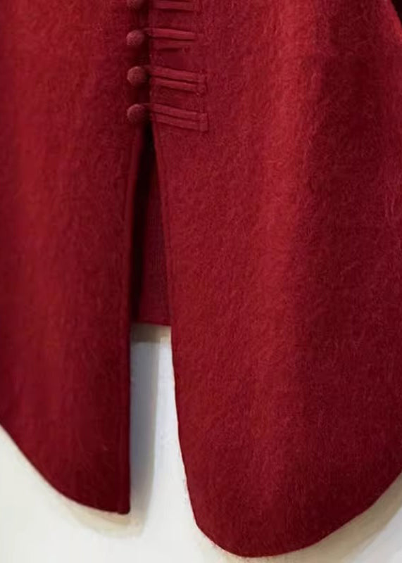 Women Red Chinese Button Side Open Knit Vests Winter
