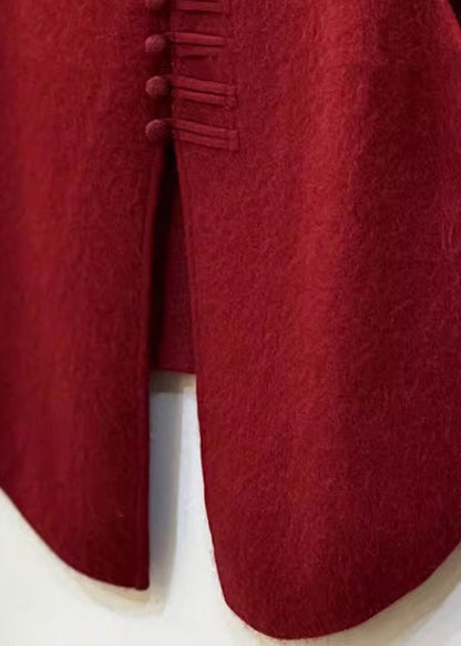 Women Red Chinese Button Side Open Knit Vests Winter