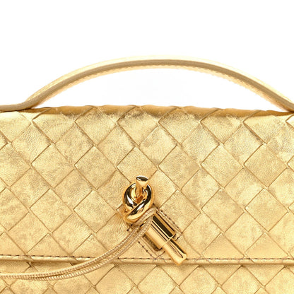 Metallic Lambskin Intrecciato Long Andiamo Top Handle Clutch Gold