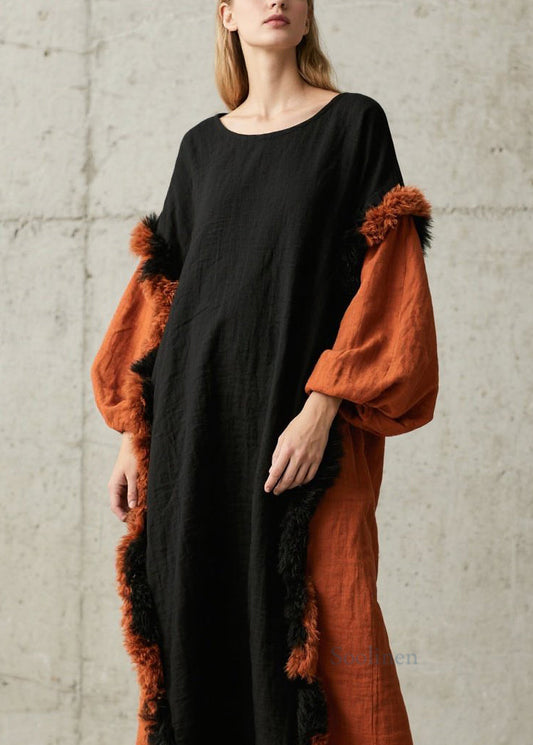 Vintage Colorblock Fuzzy Fur Fluffy Patchwork Cotton Maxi Dress Fall