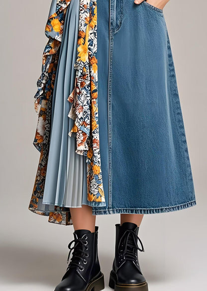 Stylish Navy Asymmetrical Patchwork Wrinkled Denim Skirts Spring