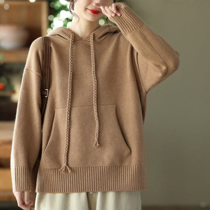 Thick Twist Drawstring Hooded Knit Sweater