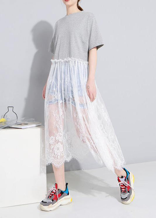 100% gray cotton clothes For Women o neck Maxi patchwork sundress