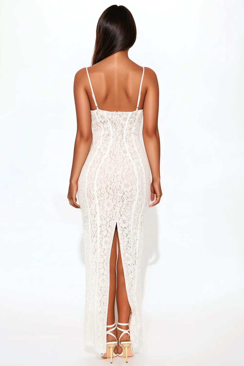 White Lace Spaghetti Strap Corset Maxi Dress with Back Slit