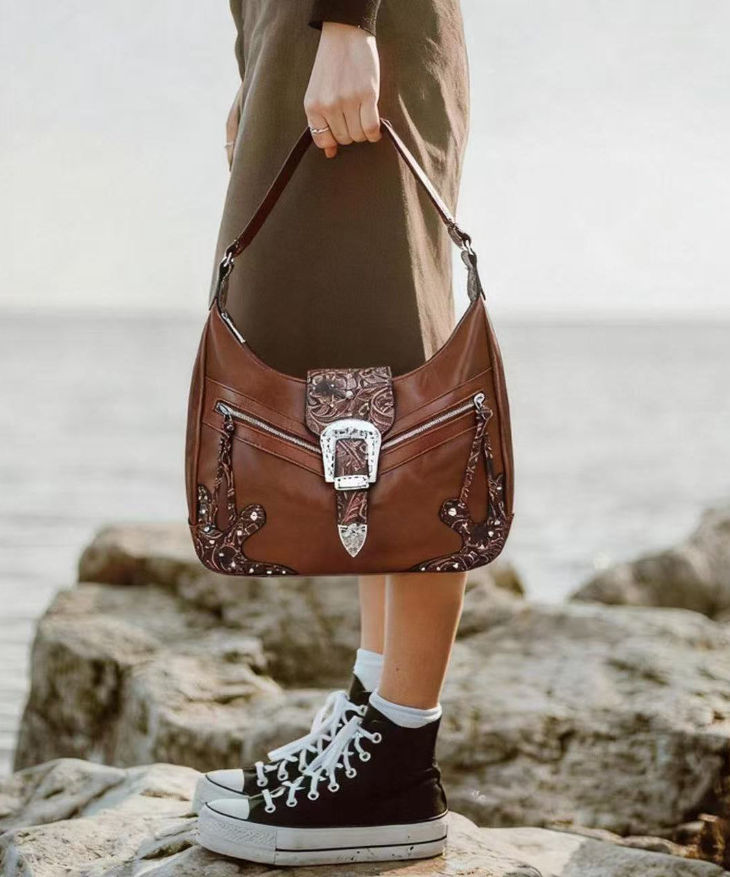 Chic Brown Appliqued Rivet Faux Leather Shoulder Bags